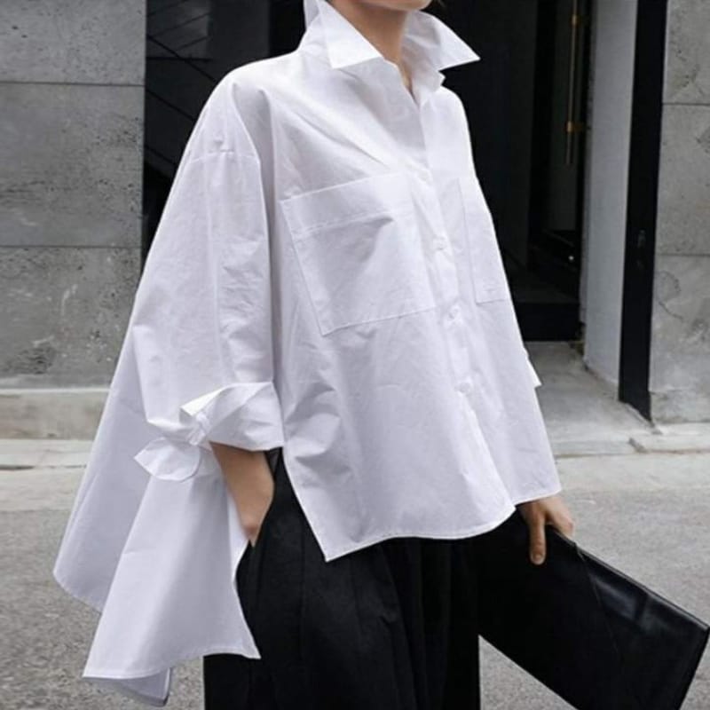 ファッション  新作  韓国風  ゆったり  不規則  長袖  ホワイト  シャツ  ブラウス  トップス