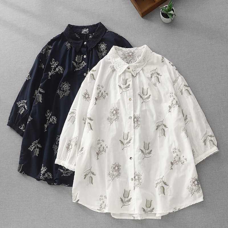 【トップス】  刺繡  レース飾り  半袖  折り襟  花柄  POLOネック  シャツ