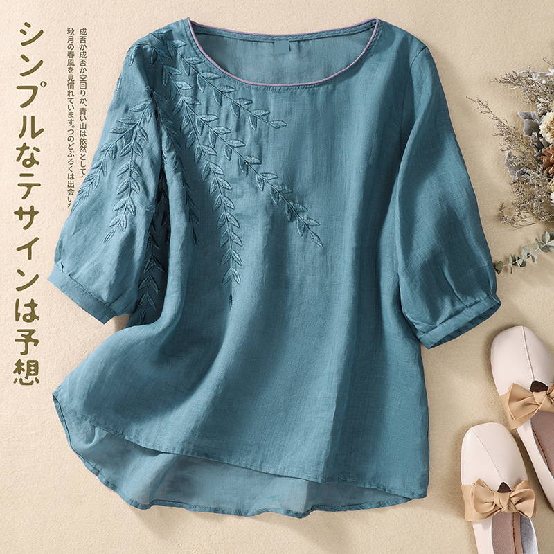 【トップス】レトロ   刺繡  コットン  7分袖  プルオーバー  無地  シャツ